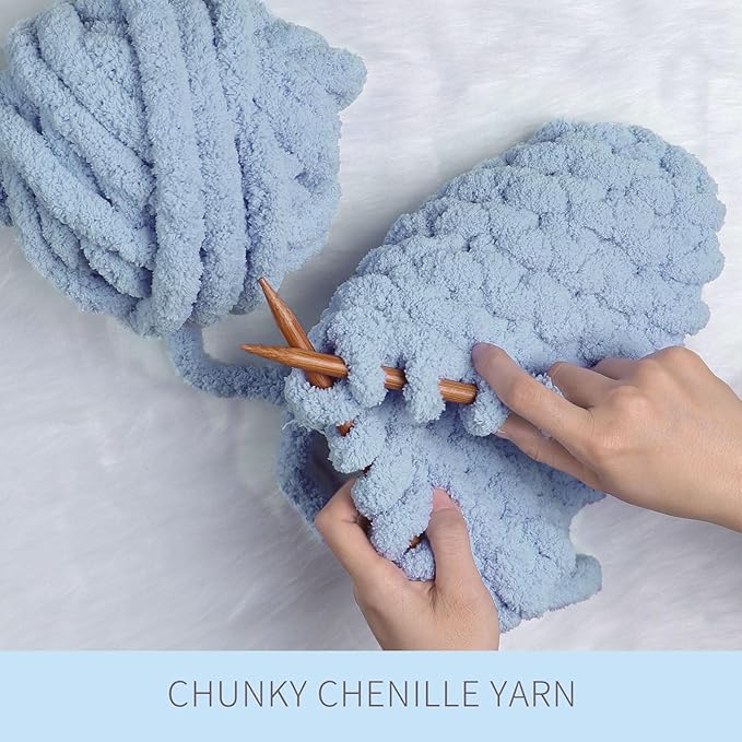 Sky Blue Chunky Chenille Yarn for Crocheting Bulky Thick Fluffy Yarn for Knitting,Super Bulky Hand Blanket, Soft Plush Yarn Crochet Carpet/Scarf/Cushion/ 8 Jumbo Pack(63.76oz/197.68yd