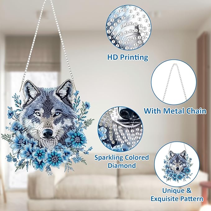 SENQAO Wolf Diamond Art Hanging Kit for Adult, Special Shaped Rhinestone, DIY Acrylic 5D Diamond Art Painting Window Pendants Home Garden Wall Hanging Kits Hanging Ornament