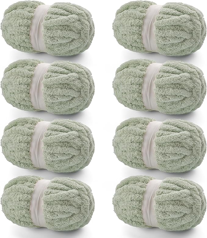 8 Pack Chunky Yarn for Hand Knitting - Chunky Chenille Blanket Yarn for Crocheting - Jumbo Fluffy Yarn for Crochet - Super Bulky Yarn 25 yds 7.7 oz Each Skein (Sage Green)