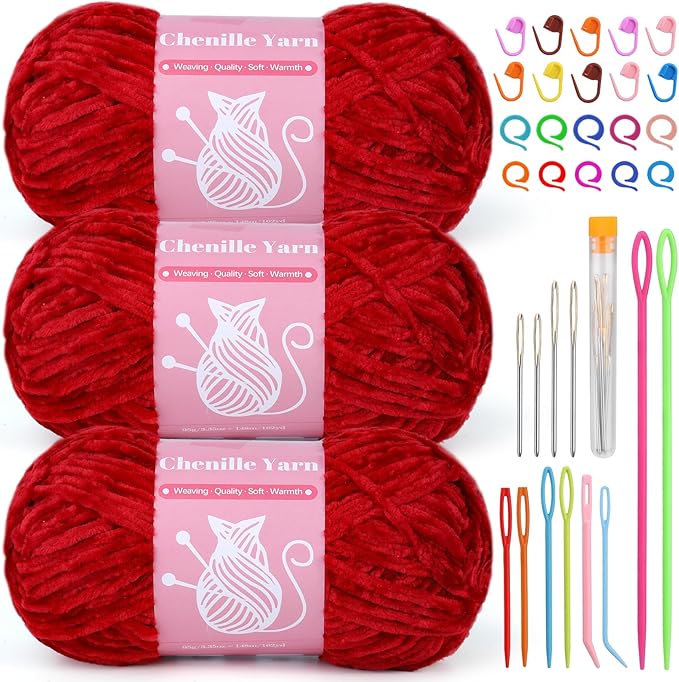 LUNARM Chenille Velvet Yarn for Crocheting & Knitting - Soft, Big Eye Needles - 3 * 3.35oz, 3 * 162yds (Red)