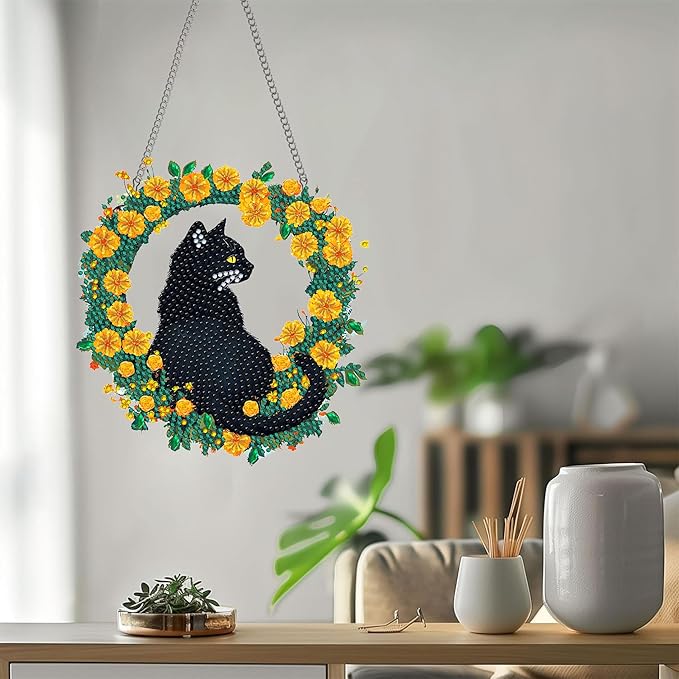 Bimkole Cat Diamond Art Hanging Kit for Adult, DIY 5D Diamond Art Flower Window Pendant, Acrylic Crystal Art Hanging Ornament Home Wall Garden Front Door Sign Outdoor Decor 7.8x7.8 Inch