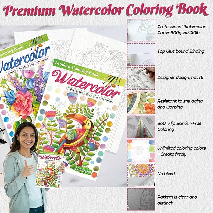 2Pcs Adults Water Coloring Book: 24 Advanced Exquisite Patterns – 100% Cotton 300gsm Paper, A4 Size – for Beginners & Professionals to Enhance & Consolidate Watercolor Techniques (Plant & Nature)