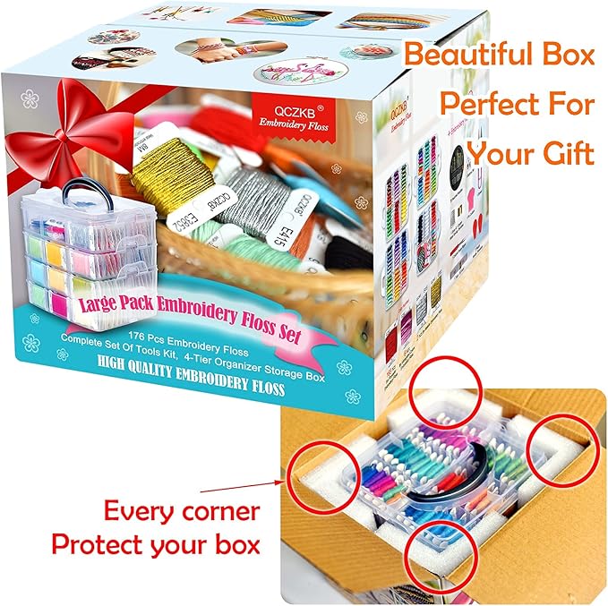 176 PCS Embroidery Floss Set, Complete Set of Tools kit, 4-Tier Organizer Storage Box