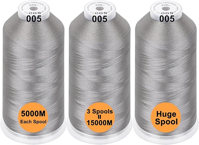 New brothreads - 40 Options- Various Assorted Color Packs of Polyester Embroidery Machine Thread Huge Spool 5000M for All Embroidery Machines - 3xSILVER