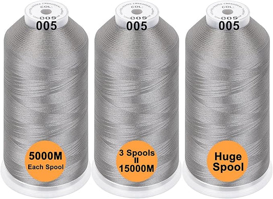 New brothreads - 40 Options- Various Assorted Color Packs of Polyester Embroidery Machine Thread Huge Spool 5000M for All Embroidery Machines - 3xSILVER