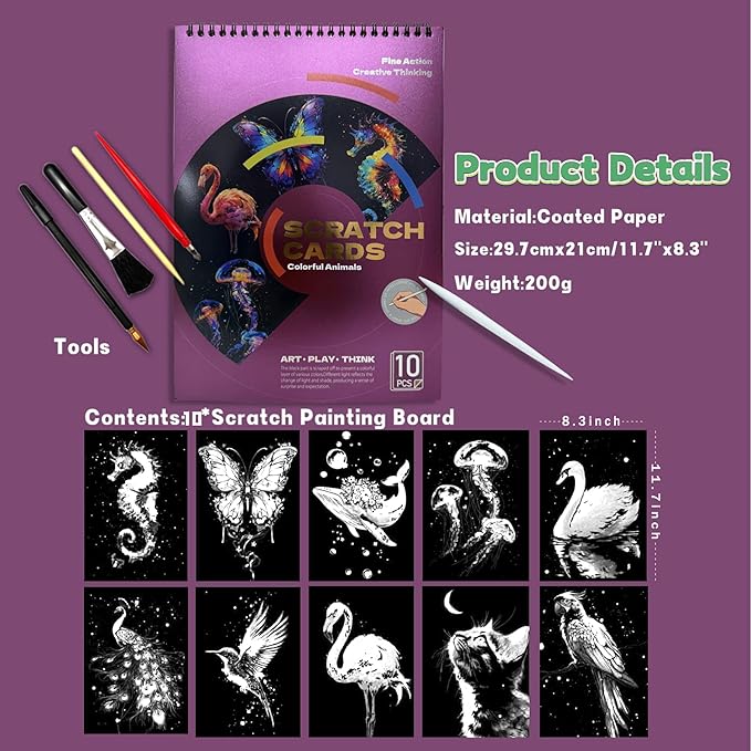 Animals Scratch Art Book for Adults-Colorful Animal Scratch Paper|Scratch Painting Paper Craft Kit|Creative Foil Engraving Scratch Art|Stress Relief Gift for Craft Lovers(Animal Series 1)