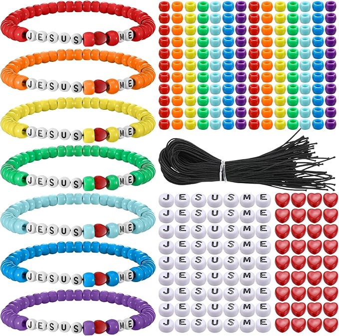 Ferreve 35 Sets Christian Bracelet Crafts Jesus Loves Me Bead Wristband Craft Kit DIY Sunday School Bracelet with Love Letter Charms for Religious VBS Gifts Making(Jesus Love Me,Rainbow)