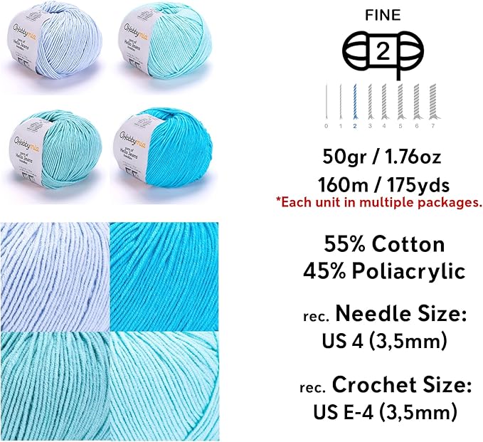 Cotton Yarn Kit - 4 Multicolor Balls Soft Sport Weight Yarn for Crochet & Amigurumi - 50g / 175yds Each & 10 Stitch Markers (H20 - Baby Blue)