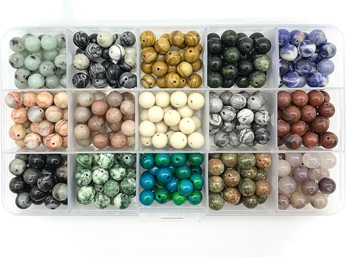 350pcs 8mm Natural Round Stone Beads,for Jewelry Making,Loose Gemstone Accessories Hole Size 1mm,Polyolor Crystal Energy Stone,DIY Smooth Beads Necklace Bracelet (8mm 15 Grid), Small
