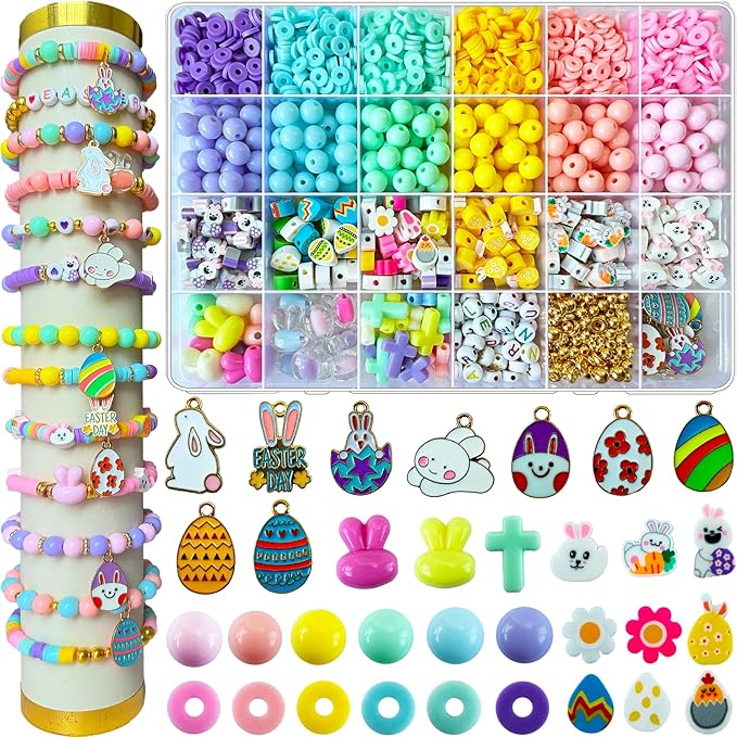 1955Pcs Easter Beads for Bracelets Jewelry Making Kit, Candy Color Assorted Spring Beads Easter Egg Bunny Clay Beads Cute Kawaii Pastel Beads with Easter Charm for DIY Crafts Necklace Earring Phone