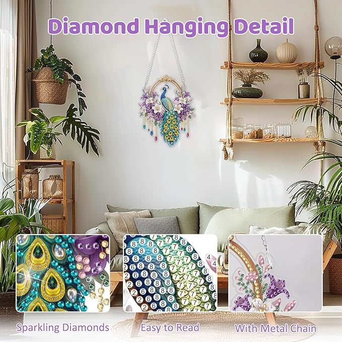 MEIYUDA Peacock Diamond Art Hanging Kits for Adult, Dreamcatcher Diamond Painting Hanging Kits Ornaments, DIY Special Shaped Rhinestone Window Pendants kit for Home Garden Wall Decor Gift