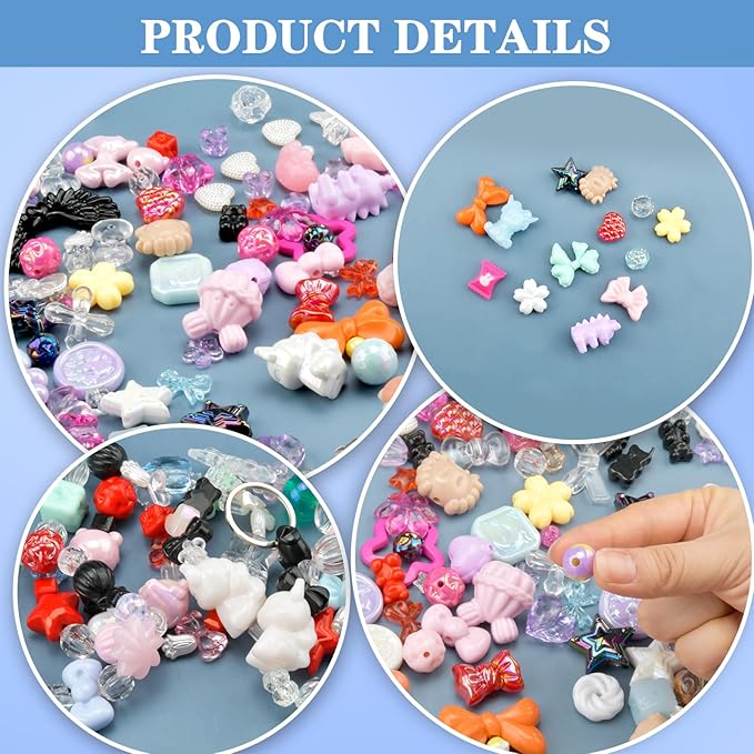 ABONDEVER 245-300Pcs Assorted Acrylic Beads for Bracelets Making Cute Star Bow Flower Candy Heart Gummy Bear Butterfly Aesthetic Beads for DIY Jewelry Keychain Necklace Phone Charms(Random)