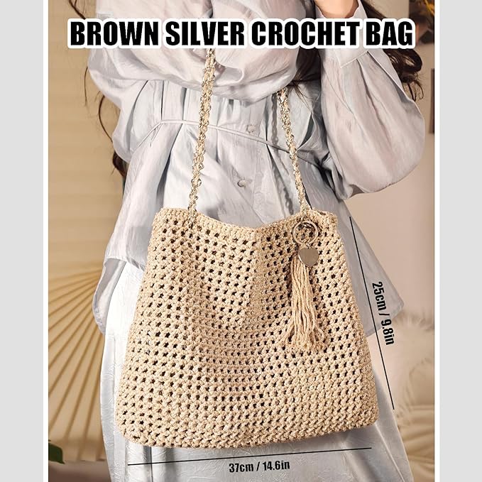 Herally Crochet Kit DIY for Beginners - Include Yarn, Hook and Accessory - with Step by Step Video Tutorials - Shining Tote Bag (Light Brown)