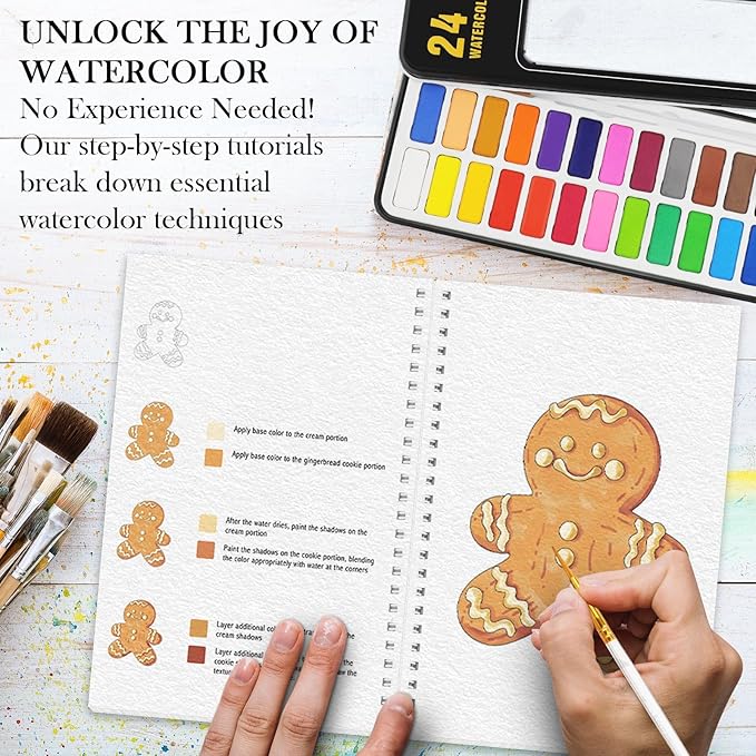 3Pcs Watercolor Workbook Paint Book Beginner Friendly Painting Kit, 36 Pages Workbooks with 24 Paint Colors & Brush for Beginners, Stress-Relieving Gift for Women Adults (Winter&Autumn&Christmas)