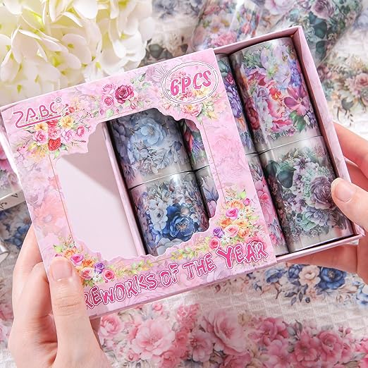 Floral Washi Tape Set, 6 Rolls Wide Aesthetic Decorative Flower Tape for Journaling, Scrapbooking, Bullet Journal, Junk Journal, DIY Crafts and Gift Wrapping (Floral)