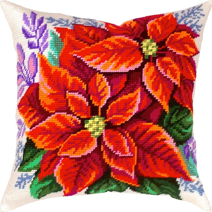 Brvsk Christmas Embroidery Kit for Adults and Beginners — Poinsettia 16″ × 16″ with Clear, Precise Printed Design on Cotton Canvas; Includes 2 Needles, Yarn, and Easy-Read Chart