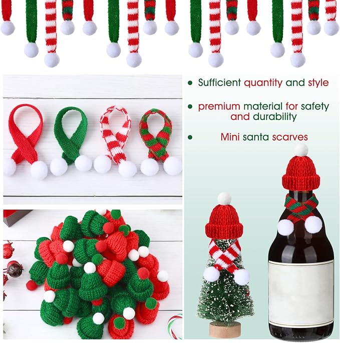60 Pcs Mini Christmas Knit Hat and Mini Christmas Scarf Set, Santa Knit Hat Scarf Christmas Tree Ornaments Christmas Hat Scarf Cup Bottle Xmas Doll Crafts for DIY Craft Art Decoration (Classic Color)