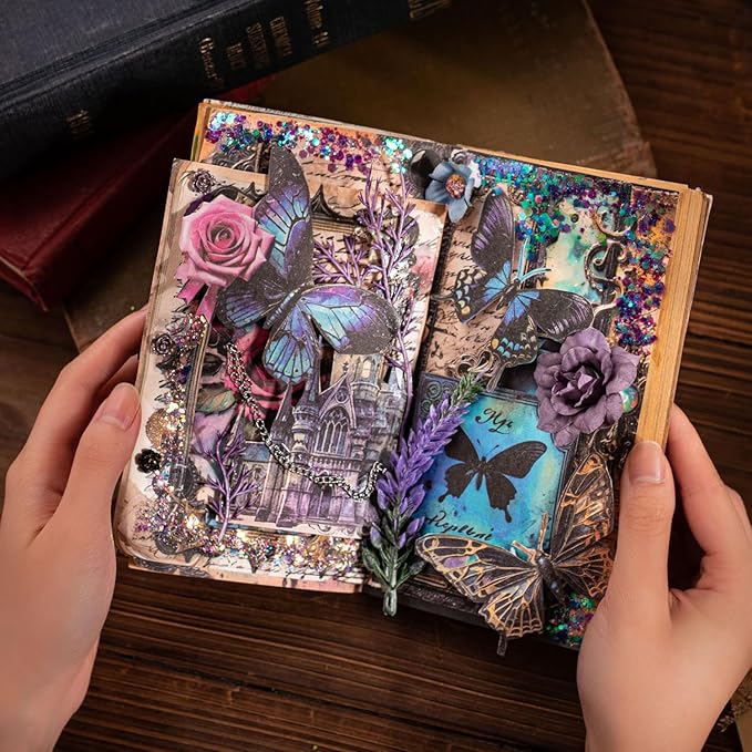180Pcs Gothic Scrapbook Paper, Vintage Ephemera Pack for Journaling, Junk Journal, and Scrapbooking Supplies with Glue Tape