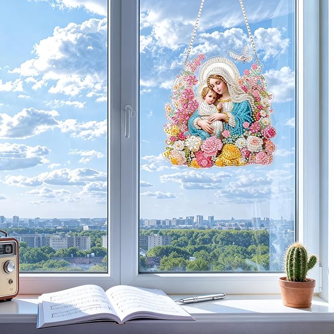 CEOVR Virgin Mary Hanging Diamond Art Kits for Adults, Nativity Special Shape Religious Diamond Painting DIY Gem Art, Windows Pendant with Chain, Acrylic Home Garden Decor, Box Kit 7.05x7.62In