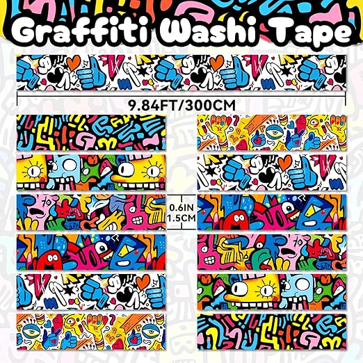12 Rolls Washi Tape Set,6 Design Colorful Graffiti Decorative Tape Street Art Doodle Masking Tape for Journaling Supplies, Junk Journal, Scrapbooking, DIY Arts & Crafts, Planner, Gift Wrapping