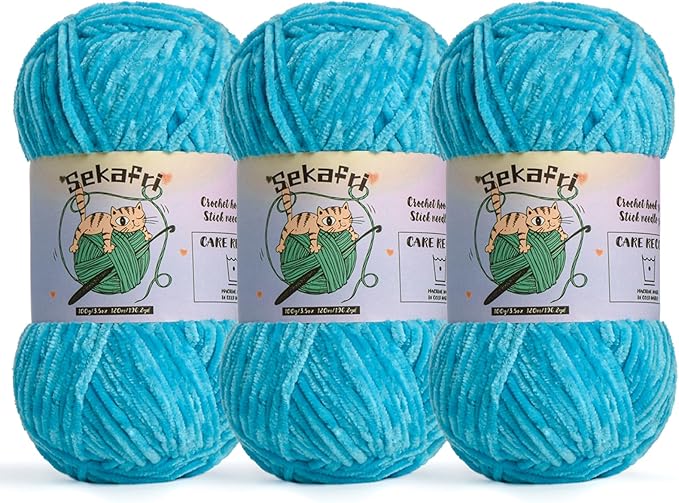 3 Pack of 300g (590yds) Fuzzy Chenille Yarn for Crocheting,Fluffy Amigurumi Crochet Yarn for DIY Craft/Hat/Clothes, Soft Velvet Baby Blanket Yarns（3 Blue）