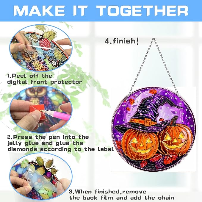 VAIIEYO Halloween Diamond Art Hanging Ornament, Pumpkin Diamond Painting Suncatchers Window Hanging Kit with Chain, 7.5x7.5 inch Crystal Pendant Art Craft for Gift Home Wall Front Door Decoration