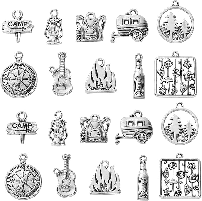 DanLingJewelry 100Pcs 10 Styles Retro Camp Charms Camp Sign Fire Guitar Carriage Oil Lantern Wine Bottle Charms for Jewelry Making DIY