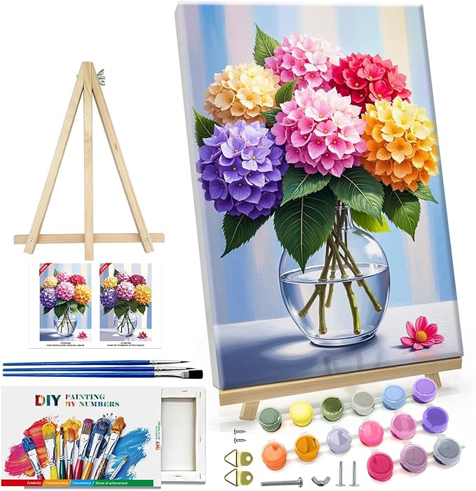 ATDMS Paint by Numbers Kit for Adults Flowers Paint by Number with Frame Hydrangea Paint by Number with Easel DIY Floral Oil Painting by Numbers for Gift Home Wall Decor 8x12 Inch