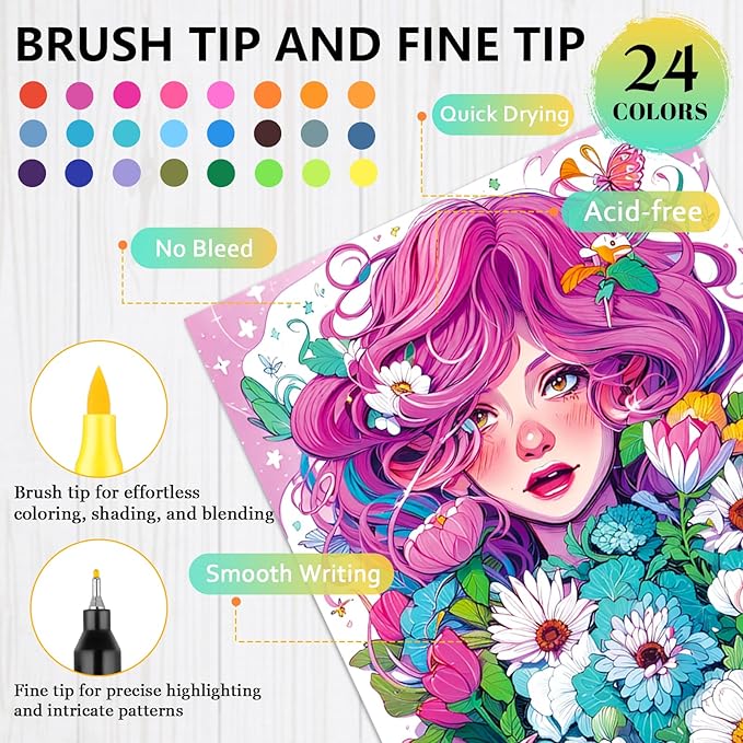 Adult Coloring Book for Women Relaxation, Mindfulness Coloring Book with 24 Dual Tip Markers, Stress Relief Gifts for Women with 128 Patterns Include Tree Garden Zen Meditation Style (4 Pack)