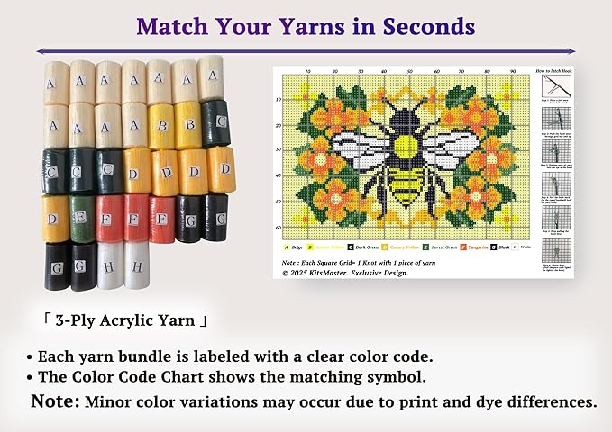Golden Bee and Flower Latch Hook Kit, Vibrant Floral Bee Rug Design for Home Décor, Nature Inspired Latch Hook Rug , DIY Rug Making Kit for Adults & Beginners, 23.6''x15.8'' (Bee & Blossoms)