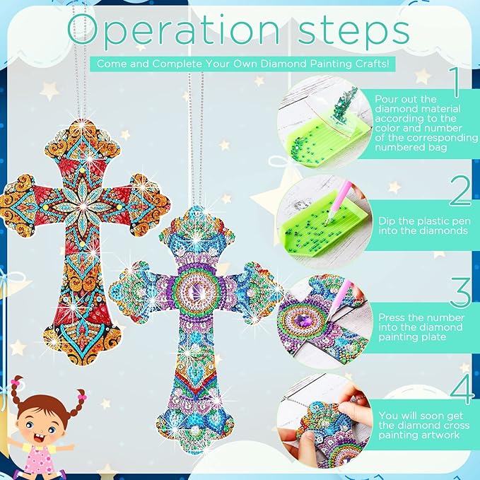 Faccito 3 Pcs Cross Diamond Art Painting Hanging Kit for Adult DIY 5d Crystal by Number Mandala Cross Rhinestone Pendant Acrylic Mosaic Wall Ornament Gift for Easter Religious Christians Woman
