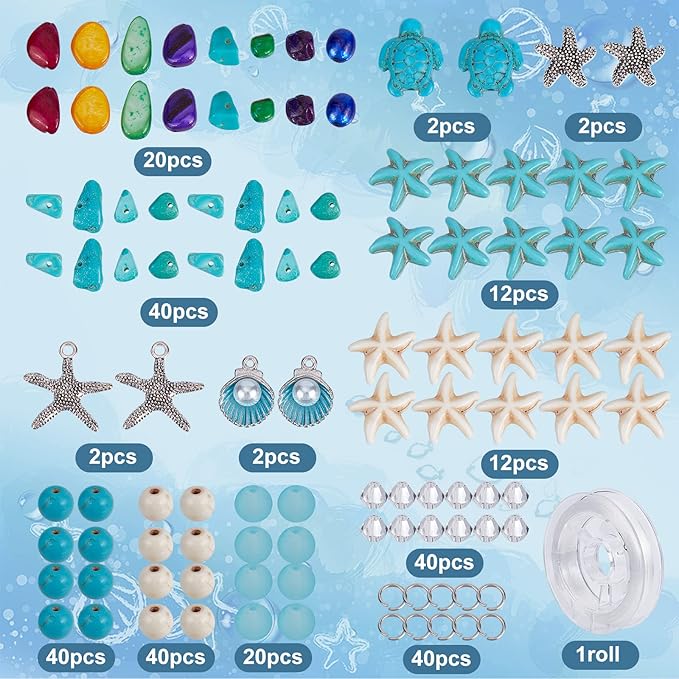 SUNNYCLUE 1 Box 6 Pcs Boho Style 8mm Summer Ocean Turtle Beads Adjustable Beading Bracelet Making Kit Synthetic Turquoise Starfish Beads for Jewelry Making Sea Shell Charms Alloy Starfish Charm
