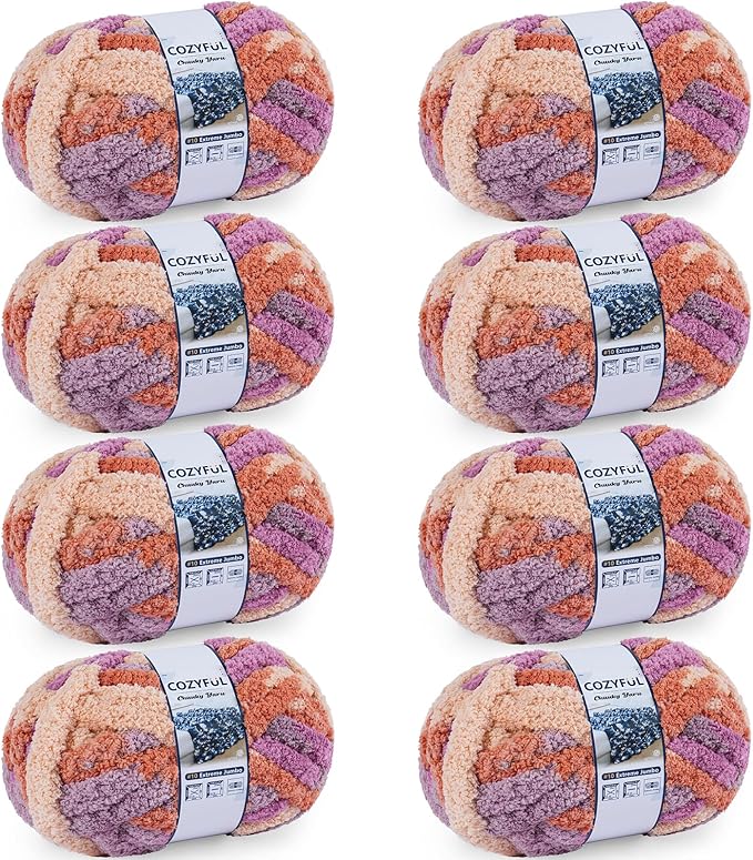 Chunky Yarn for Hand Knitting - #10 Chunky Chenille Blanket Yarn, Jumbo Big Thick Chunky Yarns for Crocheting, Tie Dye Bulky Knit Yarns, 8 Skein (25 yds 8 oz Each Skein), Purple & Orange