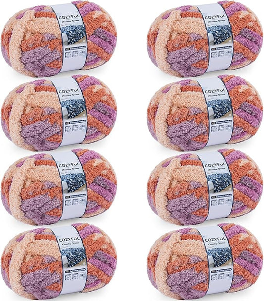 Chunky Yarn for Hand Knitting - #10 Chunky Chenille Blanket Yarn, Jumbo Big Thick Chunky Yarns for Crocheting, Tie Dye Bulky Knit Yarns, 8 Skein (25 yds 8 oz Each Skein), Purple & Orange
