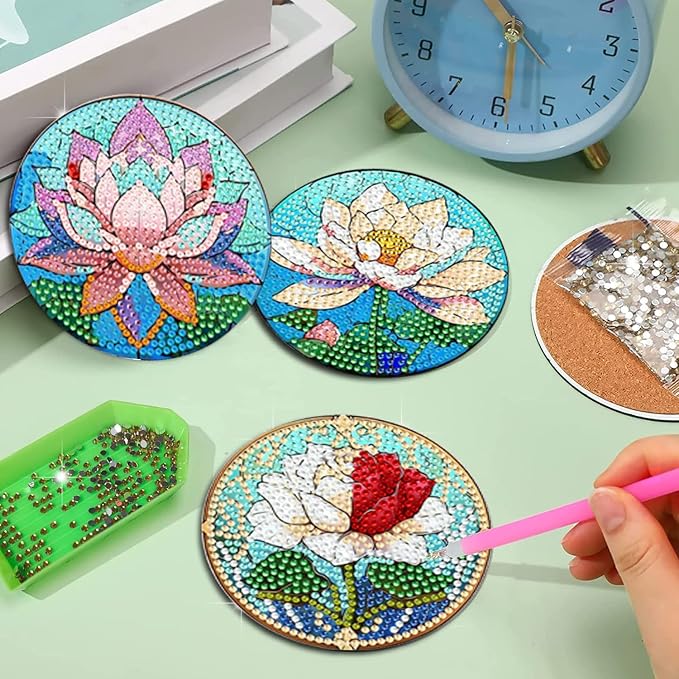 EWJRNSF 8 PCS Small Diamond Art Coasters Kits, Diamond Painting Coasters, Fall Diamond Art Kits for Adults Beginners, Arts and Crafts Item Sets with Holder for Drinks Flower Style