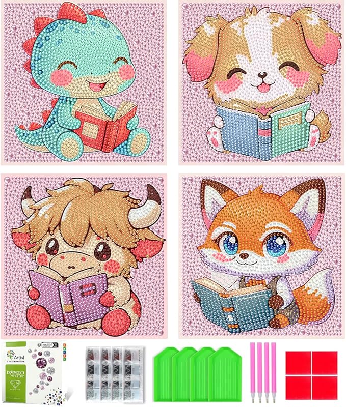 Tiwabb 4 Pack 5D Box Diamond Art Kits for Kids Ages 8-12,Cute Animals Reading Diamond Painting for Kids Beginners,Full Drill Gem Art for Kids DIY Crafts for Girls 8-12,for Home Decor 7x7 Inch