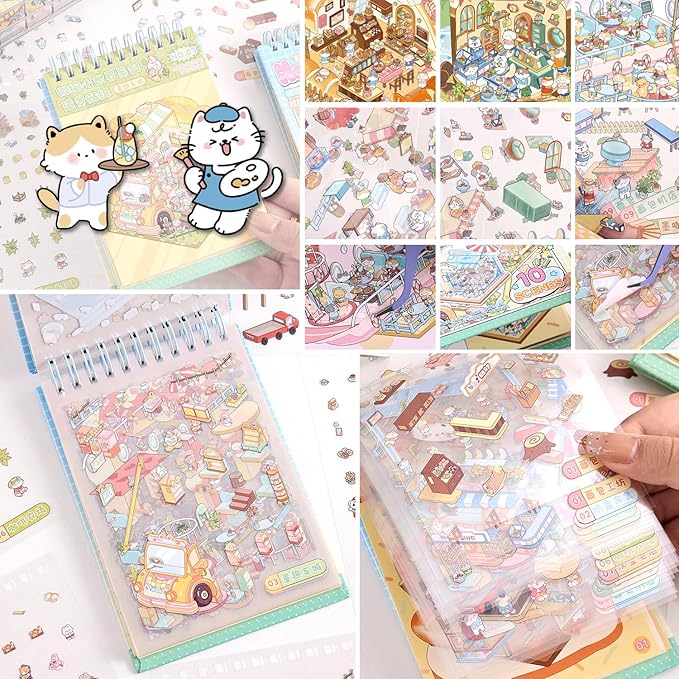 10 Sets DIY 3D House Stickers, Scene Miniature Sticker Book, Cute Cartoon Scenes for Women Girls Teen Kids, Make Your Own Sticker, Fun Room BookRelief Stress Pass The Time