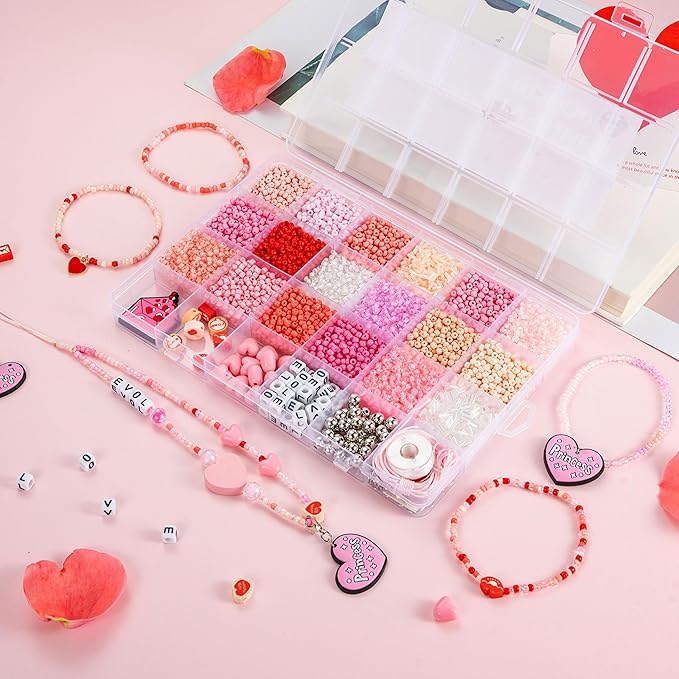 24 Grids Pink Colored Glass Seed Beads Kit for DIY Jewelry Making - Handmade Craft for Friendship Bracelet Necklace, with Heart Pendant, Letter Beads and Elastic line