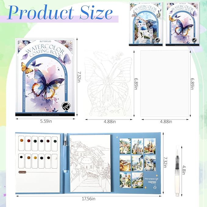 Dunzoom 32 Sheets Watercolor Coloring Book 2 Pack Water Color Workbook Paper Paint Set with 12 Colors Paint Cakes and Brushes for Adults Beginners Art Painting Supplies(Butterfly&Castles)