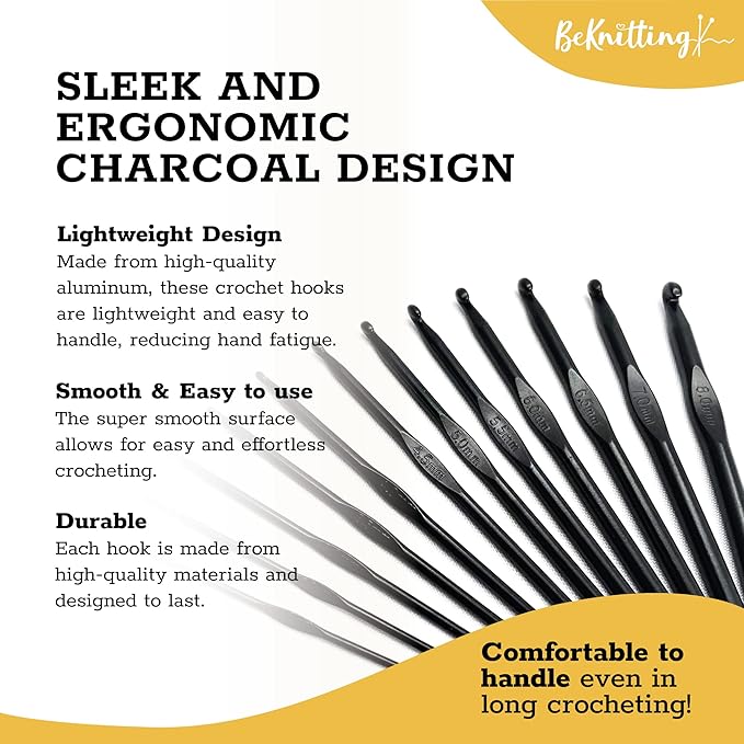 BeKnitting 12pc Crochet Hook & Needle Set for Beginners Adults & Kids | High-Quality Aluminum Black | | Holiday Gifts, Gift-Ready Box