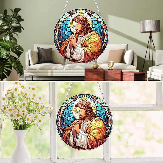 MXJSUA Diamond Art Hanging Kits for Adults Beginners, Stained Glass Jesus DIY Acrylic Special Shaped Crystal Diamond Gem Art Pendant Drills Painting Ornament for Home Wall Decor and Gift