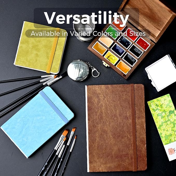 Funto Watercolor Journal, 7.5x5, 2 Packs, 44 Pages Each, Cold-Pressed 100% Cotton, Pearlescent PU Leather Brown Cover, Art Supplies for Mixed Media