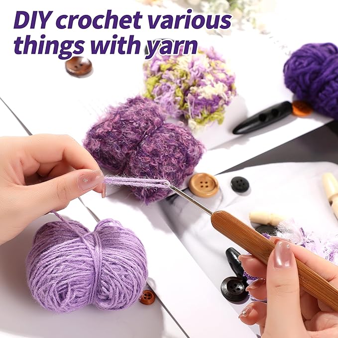 Hand Spun Art Yarn Kit - 6 Skeins 525 -Yard Vintage Style Blended Fibers with Wood Buttons & Crochet Hook for Knitting, Crochet, Textile Decorative, Tassels, Jewelry Making, Fiber Crafts (Violet)