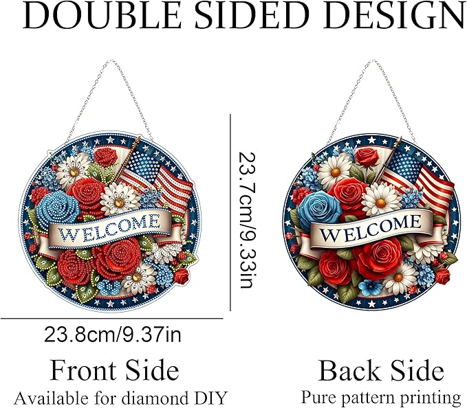 JJFox 5D Diamond Art Hanging Kit for Adult,Special Shaped Rhinestone,Double Sided DIY Acrylic Diamond Art Painting Window Pendants Home Garden Wall Hanging Kits Hanging Ornament (Welcome)