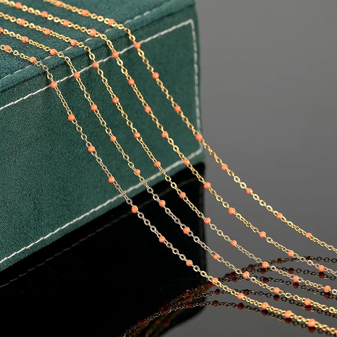 UMAOKANG 33 Feet Gold Plated Jewelry Making Chain Stainless Steel Cable Link Chains Bulk Orange Enamel Bead Decorative Craft Chain Roll