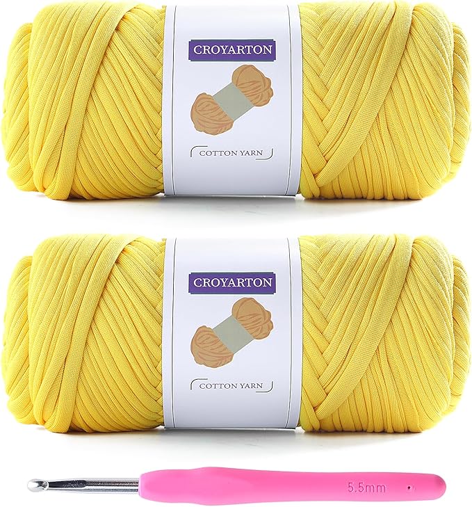 2 Pack Elastic Tshirt Yarn for Crocheting and Knitting with 1 Hook, Spaghetti Yarn (Thick) - Total Length 130 Yds, Weight 14 Oz (Yellow) by Spaghetti Thread
