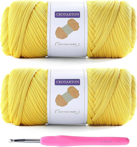 2 Pack Elastic Tshirt Yarn for Crocheting and Knitting with 1 Hook, Spaghetti Yarn (Thick) - Total Length 130 Yds, Weight 14 Oz (Yellow) by Spaghetti Thread