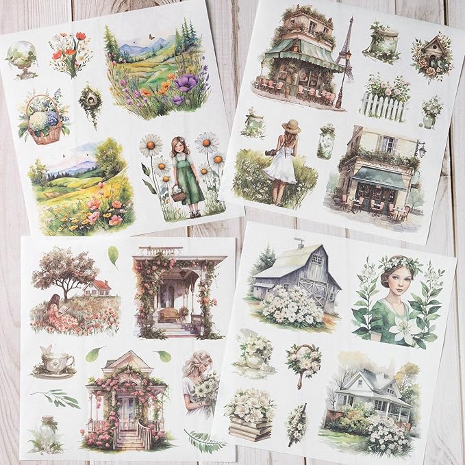 Garden Journal Stickers, 50 Sheets Washi Junk Journaling Sticker Book, Scrapbook Supplies, Watercolor Scrapbooking for Adults, Green Decorative Ephemera Arts Craft