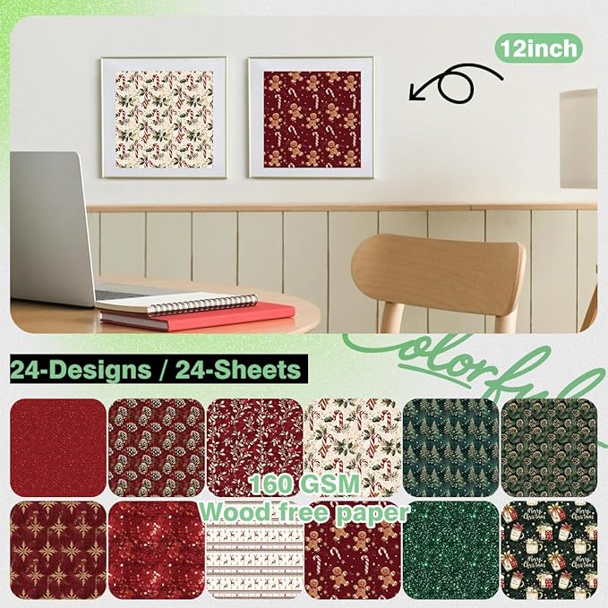 Christmas Scrapbook Paper 12 x 12 - 24 Sheets Double Sided Printing Christmas Pattern Paper Set, Decorative Paper for Card Making Scrapbook Decoration