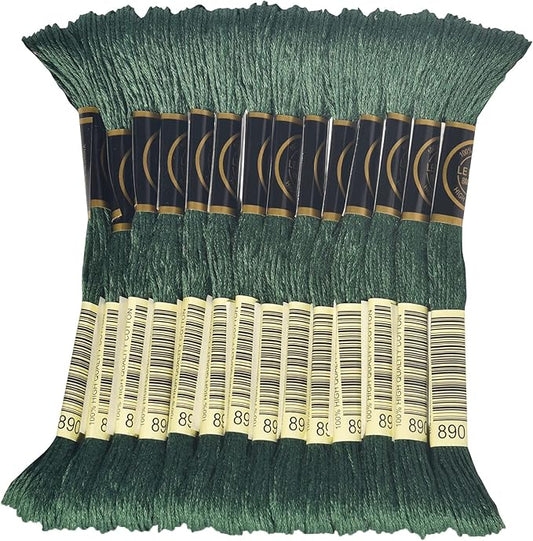 LE PAON Embroidery Floss, 14-Pack Six Strands 100% Long Staple Cotton Embroidery Thread, 8.7-Yard，Color Number：890, Ultra Dark Pistachio Green